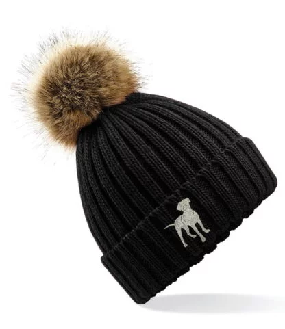 Rottweiler Rottie Clothing Gifts, Faux Fur Pom Pom Chunky Knit Embroidered Beanie Hat, From The House Of Dog. - Image 2