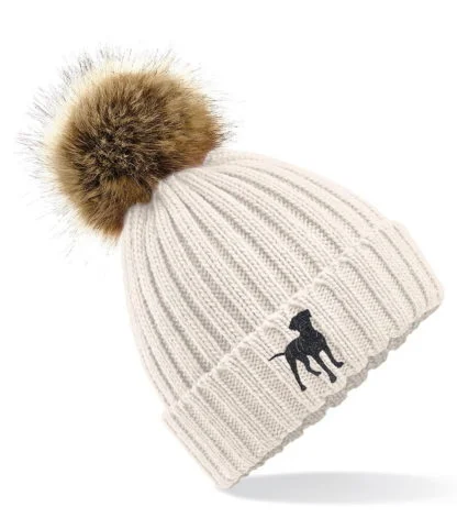 Rottweiler Rottie Clothing Gifts, Faux Fur Pom Pom Chunky Knit Embroidered Beanie Hat, From The House Of Dog. - Image 4