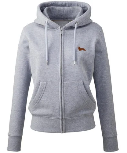 Long haired dachshund daxie owner sausage dog gifts embroidered ladies organic full zip hoodie from the house of dog.