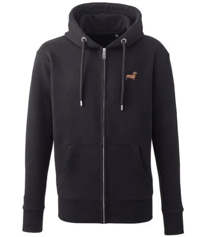 Dachshund daxie sausage dog gifts embroidered unisex organic full zip hoodie from the house of dog.