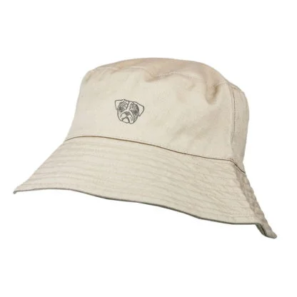 Pug Owner Clothing Gifts. 100% Washed Chino Cotton Embroidered Bucket Sun Hat With White Cotton Lining From The House Of Dog.
