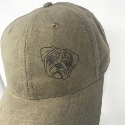 Pug Gifts, Faux Suede Leather Baseball Cap. Brown - Image 2