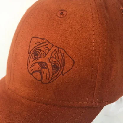 Pug Gifts, Faux Suede Leather Baseball Cap. Pumpkin - Image 2