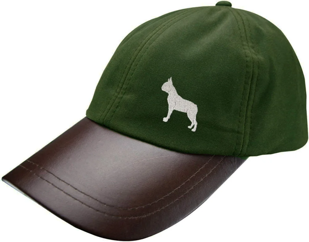 Boston Terrier Owner Clothing Gifts, Waxed Cotton Leather Peak Waterproof Baseball Cap Hat From The House Of Dog.