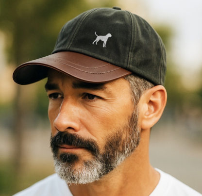 Boxer Owner Clothing Gifts, Waxed Cotton Leather Peak Waterproof Baseball Cap Hat From The House Of Dog.