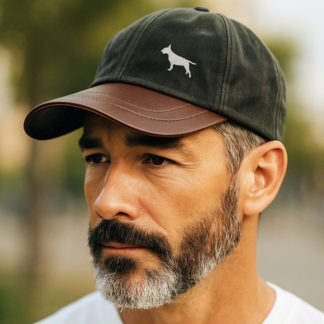 Bull Terrier Owner Clothing Gifts, Waxed Cotton Leather Peak Waterproof Baseball Cap Hat From The House Of Dog.