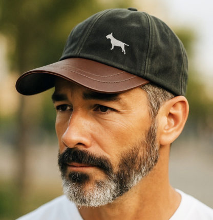 Bull Terrier Owner Clothing Gifts, Waxed Cotton Leather Peak Waterproof Baseball Cap Hat From The House Of Dog.