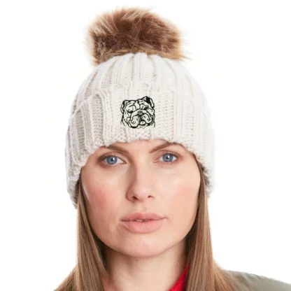 English Bulldog Owner Clothing Gifts, Faux Fur Pom Pom Super Soft Chunky Knit Embroidered Beanie From The House Of Dog.