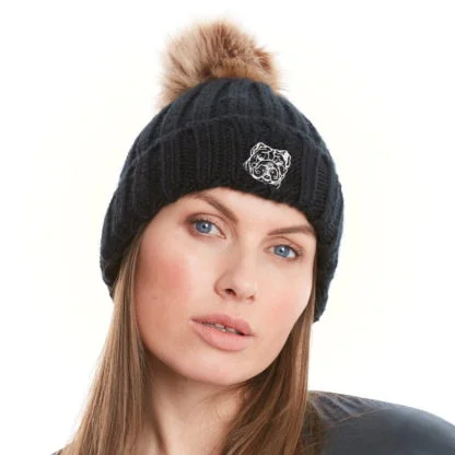 English Bulldog Owner Clothing Gifts, Faux Fur Pom Pom Super Soft Chunky Knit Embroidered Beanie From The House Of Dog. - Image 2