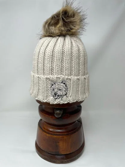 West Highland Terrier Owner Westie Clothing Gifts, Faux Fur Pom Pom Chunky Knit Super Soft Unisex Embroidered Beanie From The House Of Dog - Image 3