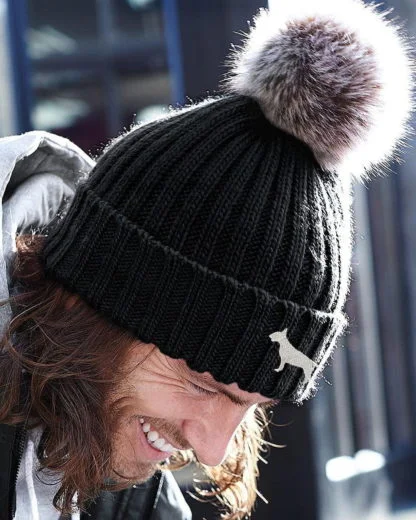 Bull Terrier Owner Clothing Gifts, Faux Fur Pom Pom Chunky Knit Super Soft Embroidered Beanie From The House Of Dog.