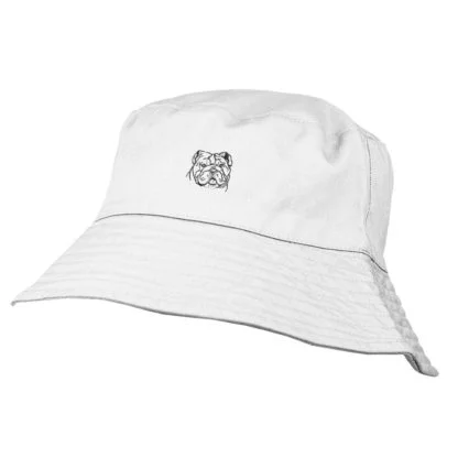 English Bulldog Owner Clothing Gifts. 100% Washed Chino Cotton Embroidered Bucket Sun Hat With White Cotton Lining From The House Of Dog.