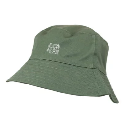 English Bulldog Owner Clothing Gifts. 100% Washed Chino Cotton Embroidered Bucket Sun Hat With White Cotton Lining From The House Of Dog. - Image 3