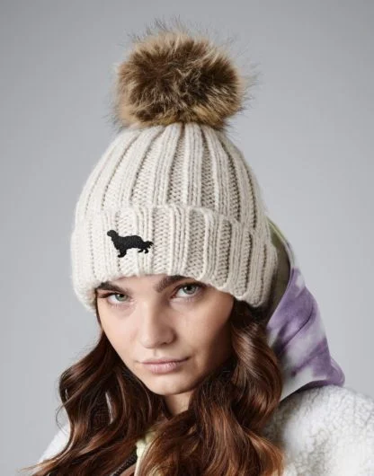 Cavalier King Charles Spaniel Owner Clothing Gifts, Faux Fur Pom Pom Chunky Knit Super Soft Embroidered Beanie From The House Of Dog. - Image 3