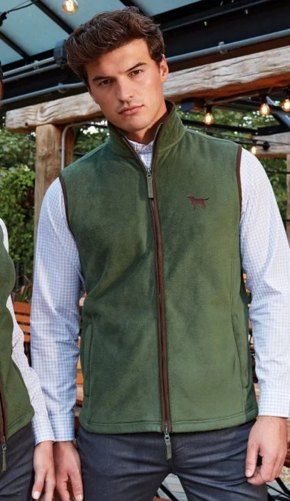 Chocolate labrador clothing gifts embroidered men's fit fleece gilet.