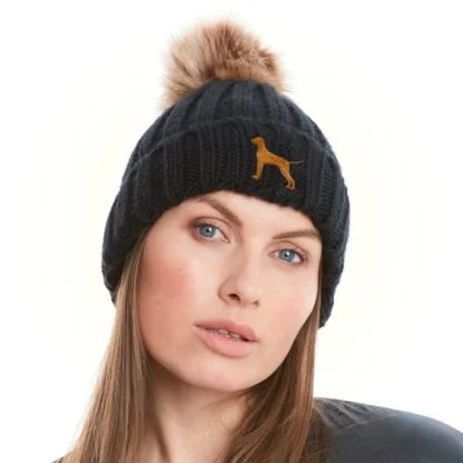 Vizsla Owner Clothing Gifts, Faux Fur Pom Pom Chunky Knit Super Soft Unisex Embroidered Beanie From The House Of Dog.