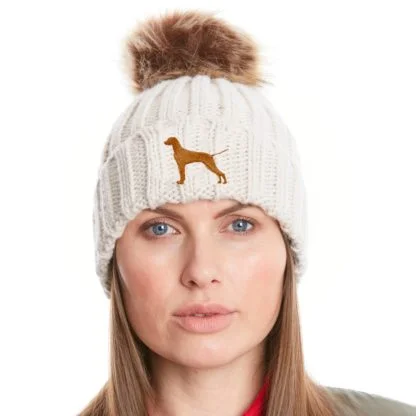 Vizsla Owner Clothing Gifts, Faux Fur Pom Pom Chunky Knit Super Soft Unisex Embroidered Beanie From The House Of Dog. - Image 2