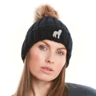 Labradoodle Owner Clothing Gifts, Faux Fur Pom Pom Chunky Knit Super Soft Unisex Embroidered Beanie From The House Of Dog.
