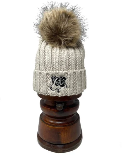 Jack Russell Clothing Gifts, Faux Fur Pom Pom Chunky Knit Super Soft Embroidered Beanie From The House Of Dog.