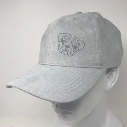 Pug Gifts, Faux Suede Leather Baseball Cap. Grey - Image 2