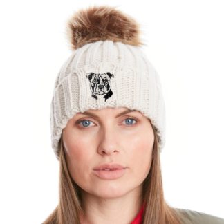 Staffordshire Bull Terrier Staffy Owner Clothing Gifts, Faux Fur Pom Pom Chunky Knit Unisex Embroidered Beanie From The House Of Dog.