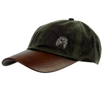 English Springer Spaniel Clothing Gifts, Waxed Cotton Leather Peak Waterproof Baseball Cap, From The House Of Dog.