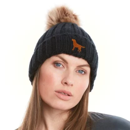 Fox Red Labrador Owner Gift Clothing Gifts, Faux Fur Pom Pom Chunky Knit Super Soft Unisex Embroidered Beanie From The House Of Dog. - Image 2
