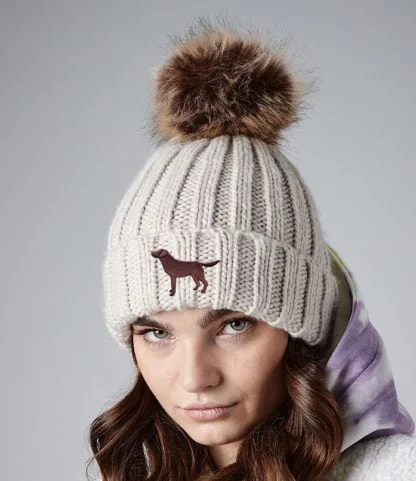 Chocolate Labrador Owner Gift, Clothing Gifts, Faux Fur Pom Pom Chunky Knit Super Soft Embroidered Beanie From The House Of Dog.