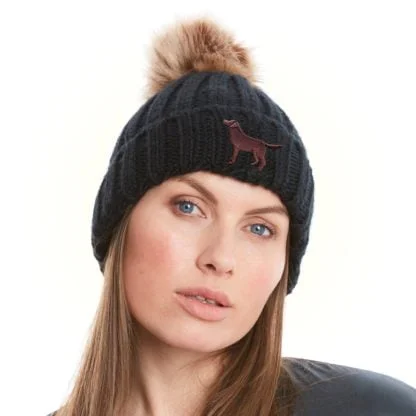 Chocolate Labrador Owner Gift, Clothing Gifts, Faux Fur Pom Pom Chunky Knit Super Soft Embroidered Beanie From The House Of Dog. - Image 2
