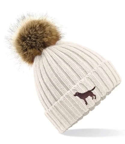 Chocolate Labrador Owner Gift, Clothing Gifts, Faux Fur Pom Pom Chunky Knit Super Soft Embroidered Beanie From The House Of Dog. - Image 4