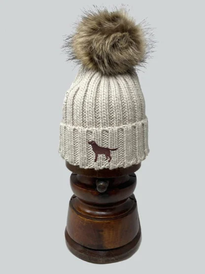 Chocolate Labrador Owner Gift, Clothing Gifts, Faux Fur Pom Pom Chunky Knit Super Soft Embroidered Beanie From The House Of Dog. - Image 5