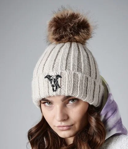 Whippet Owners Clothing Gifts, Faux Fur Pom Pom Chunky Knit Super Soft Unisex Embroidered Beanie From The House Of Dog.