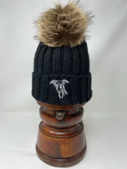 Whippet Owners Clothing Gifts, Faux Fur Pom Pom Chunky Knit Super Soft Unisex Embroidered Beanie From The House Of Dog. - Image 3