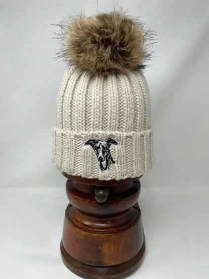 Whippet Owners Clothing Gifts, Faux Fur Pom Pom Chunky Knit Super Soft Unisex Embroidered Beanie From The House Of Dog. - Image 4