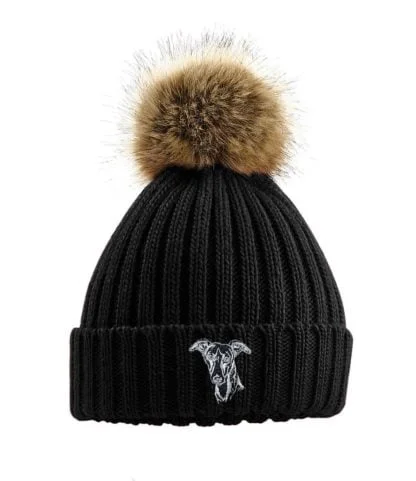 Whippet Owners Clothing Gifts, Faux Fur Pom Pom Chunky Knit Super Soft Unisex Embroidered Beanie From The House Of Dog. - Image 5