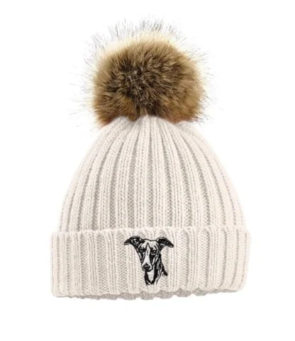 Whippet Owners Clothing Gifts, Faux Fur Pom Pom Chunky Knit Super Soft Unisex Embroidered Beanie From The House Of Dog. - Image 6