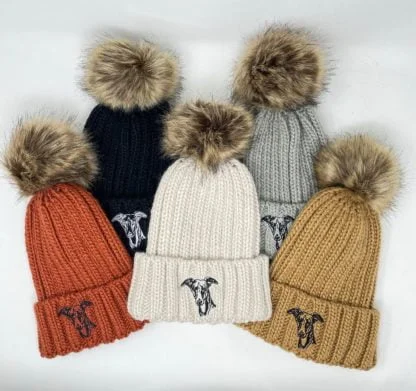 Whippet Owners Clothing Gifts, Faux Fur Pom Pom Chunky Knit Super Soft Unisex Embroidered Beanie From The House Of Dog. - Image 10