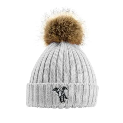 Whippet Owners Clothing Gifts, Faux Fur Pom Pom Chunky Knit Super Soft Unisex Embroidered Beanie From The House Of Dog. - Image 9
