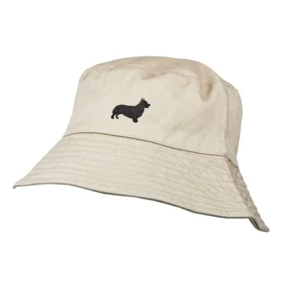 Welsh Corgi Owner Clothing Gifts. 100% Washed Chino Cotton Embroidered Bucket Sun Hat With White Cotton Lining From The House Of Dog.