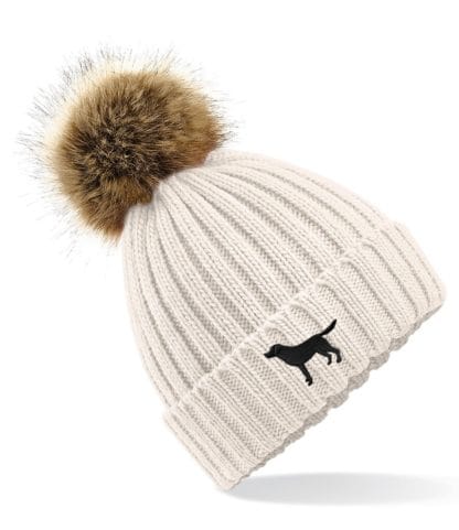 Black Labrador Owner Clothing Gifts, Faux Fur Pom Pom Chunky Knit Super Soft Unisex Embroidered Beanie From The House Of Dog. - Image 2