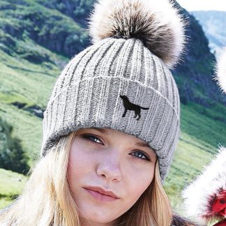 Black labrador owner clothing gifts, faux fur pom pom chunky knit super soft unisex embroidered beanie from the house of dog.