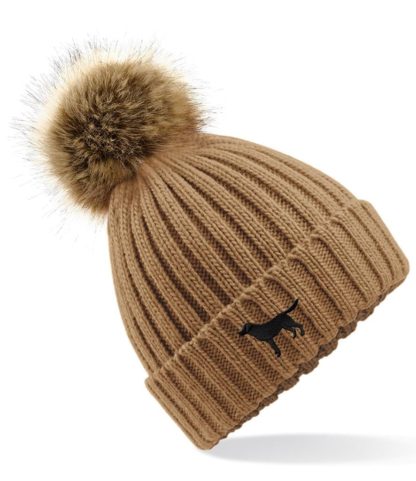 Black labrador owner clothing gifts, faux fur pom pom chunky knit super soft unisex embroidered beanie from the house of dog. - Image 5