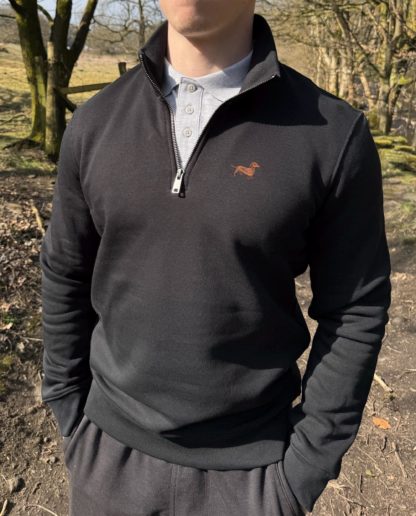 Dachshund doxie sausage dog clothing gifts embroidered unisex eco-friendly 1/4 zip high neck heavyweight sweatshirt from the house of dog.