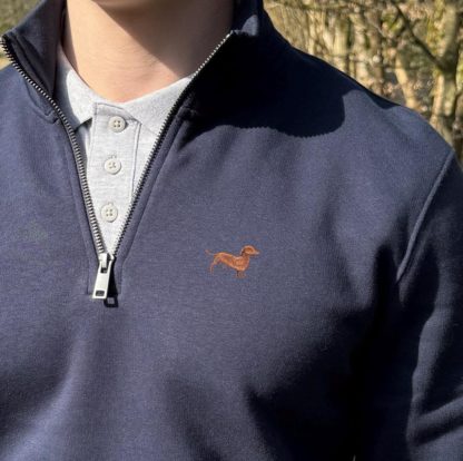 Dachshund doxie sausage dog clothing gifts embroidered unisex eco-friendly 1/4 zip high neck heavyweight sweatshirt from the house of dog. - Image 3