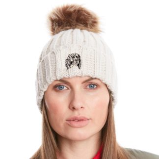 English springer spaniel owner gifts, super soft faux fur ski pom pom chunky knit embroidered unisex beanie from the house of dog