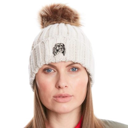 English springer spaniel owner gifts, super soft faux fur ski pom pom chunky knit embroidered unisex beanie from the house of dog