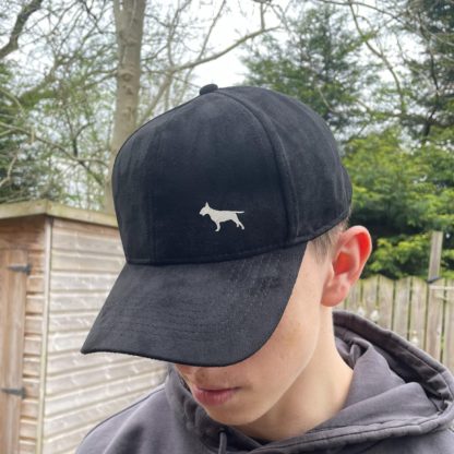 Bull terrier owner clothing gifts, faux suede leather baseball cap hat from the house of dog.