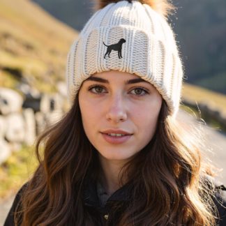 Boxer Owner Clothing Gifts, Faux Fur Pom Pom Chunky Knit Embroidered Beanie From The House Of Dog.