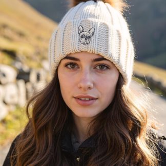 French Bulldog Owner Gift: Super Soft, Chunky Knit Beanie With Faux Fur Pom Pom. Unique Embroidered Design From The House Of Dog.