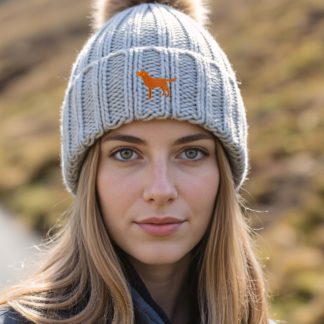 Fox Red Labrador Owner Gift Clothing Gifts, Faux Fur Pom Pom Chunky Knit Super Soft Unisex Embroidered Beanie From The House Of Dog.